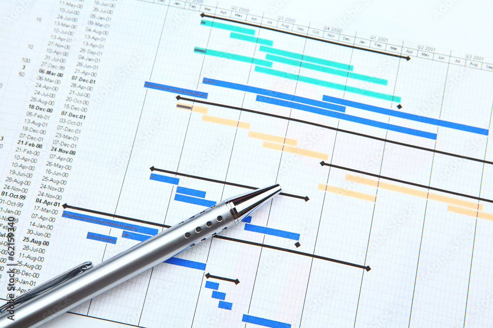 Project timeline chart with a pen, symbolizing precise scheduling and seamless execution for commercial remodeling projects.