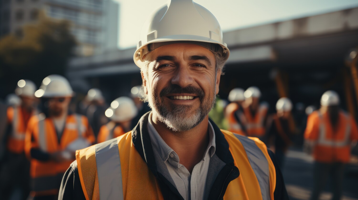 Construction management company leader wearing a hard hat and safety vest, smiling at a construction site with a team in the background.