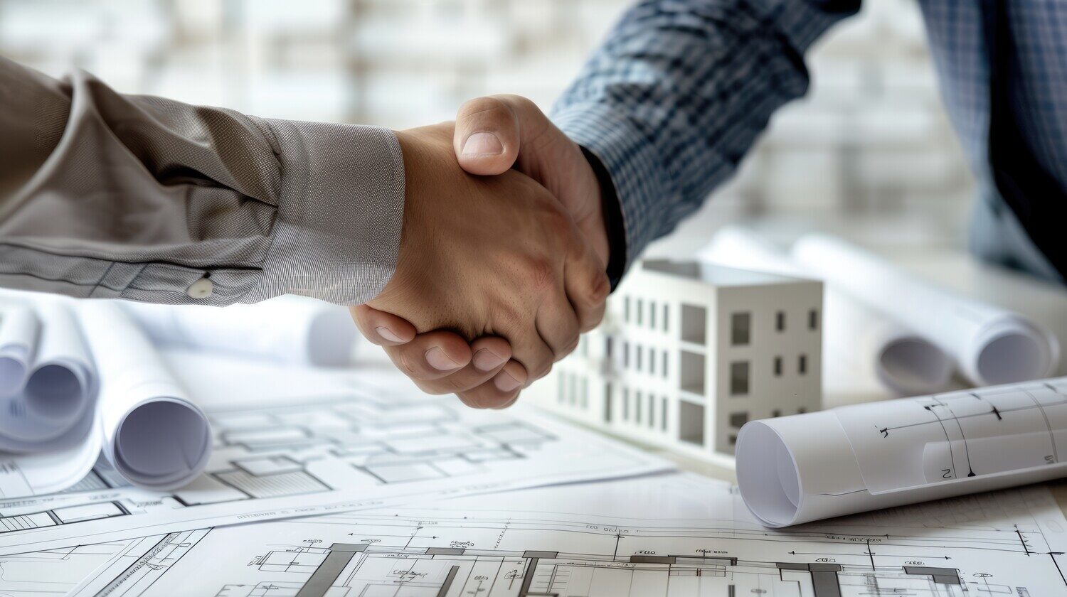 Handshake over blueprints representing trust and reliability of a construction management company with a proven track record of success.